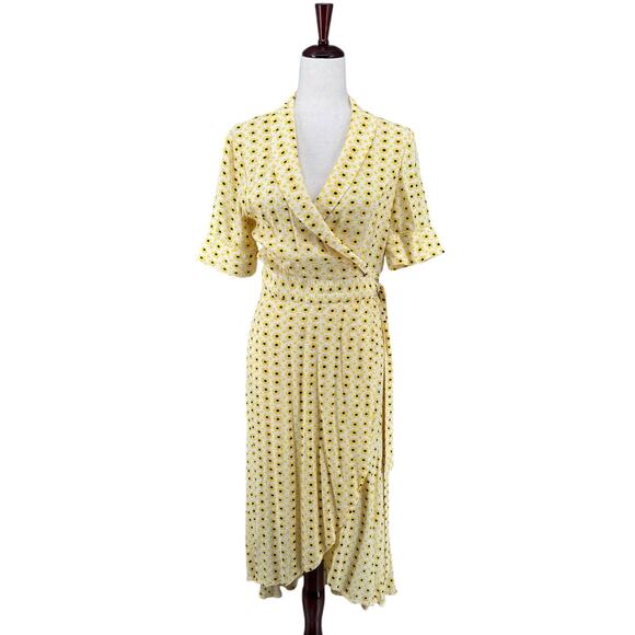 Ganni Crepe Yellow Daisy Floral Midi Wrap Dress 40 V Neck Viscose Tie Waist - Picture 1 of 14